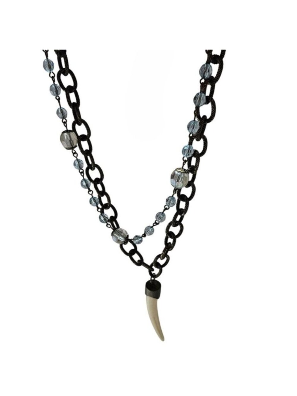 Vintage Fang Pendant Necklace Double Strand Blue Beads Gothic Tribal Tusk Boho